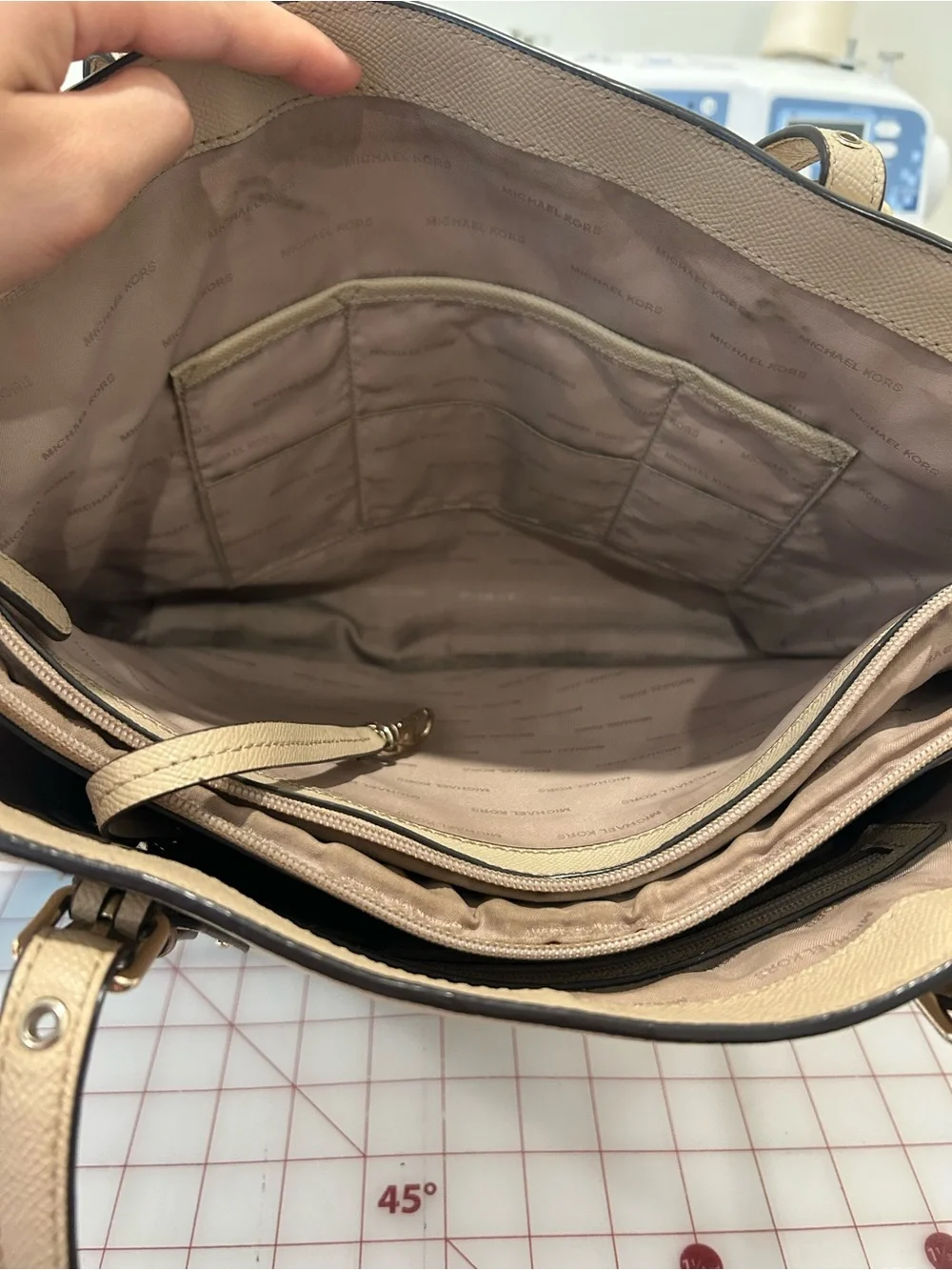 Michael Kors Tan Leather Tote with Black-and-White Scarf